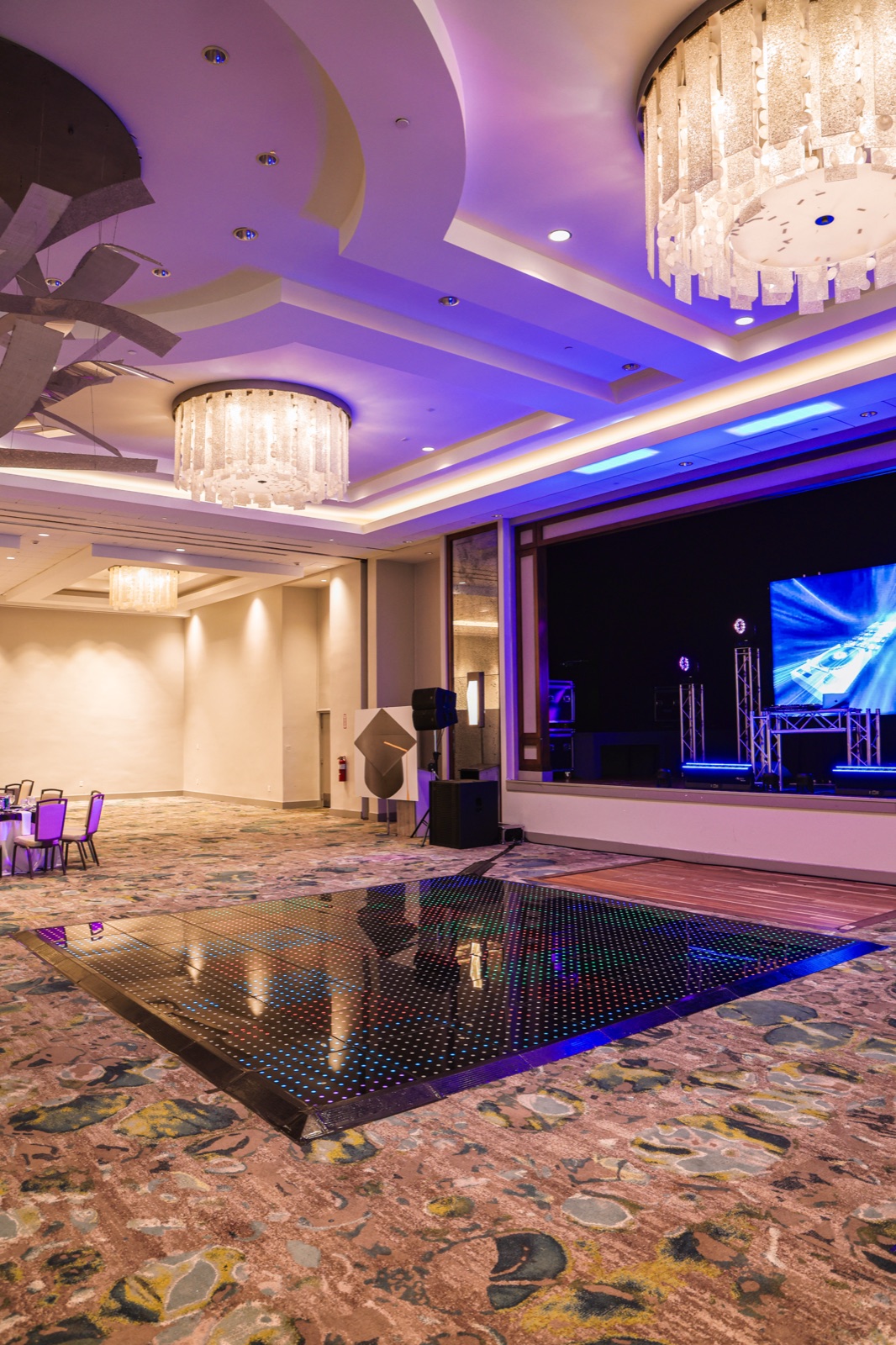 Event ballroom with stage lighting